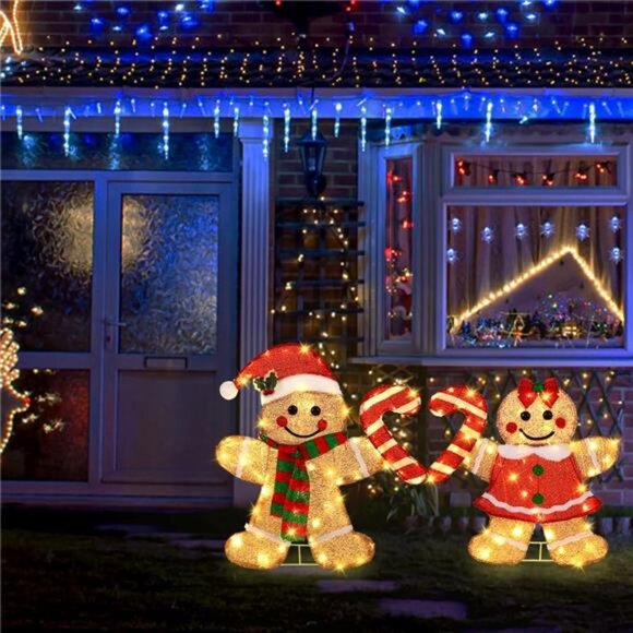 22.5’’ Lighted Christmas Yard Decor 2pcs Light Up Gingerbread Man Couple Decor - Picture 6 of 8